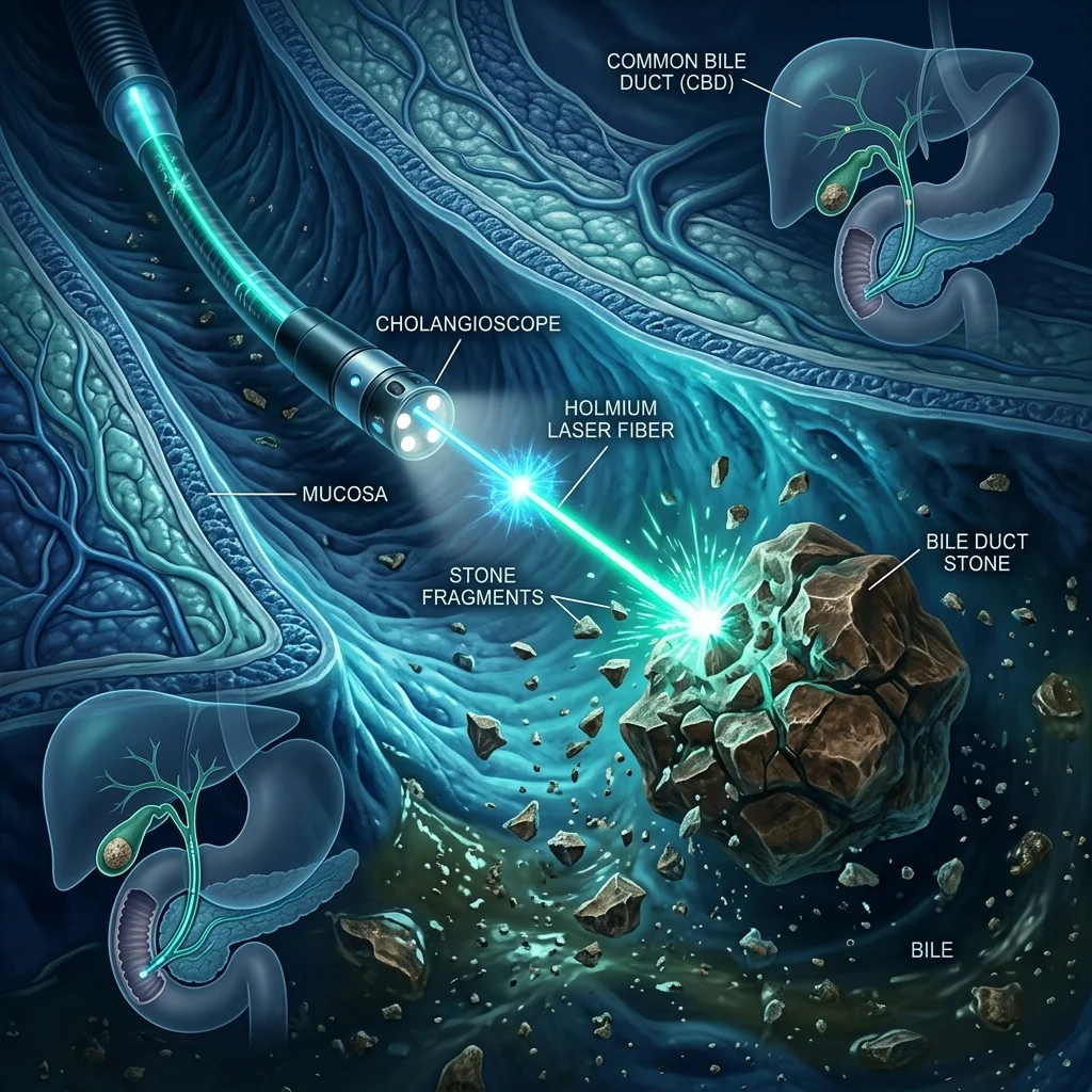 Direct visualization cholangioscopy procedure breaking bile duct stone with laser fiber