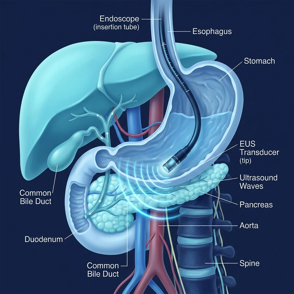 Endoscopic ultrasound probe examining the pancreas and bile duct with high-frequency sound waves