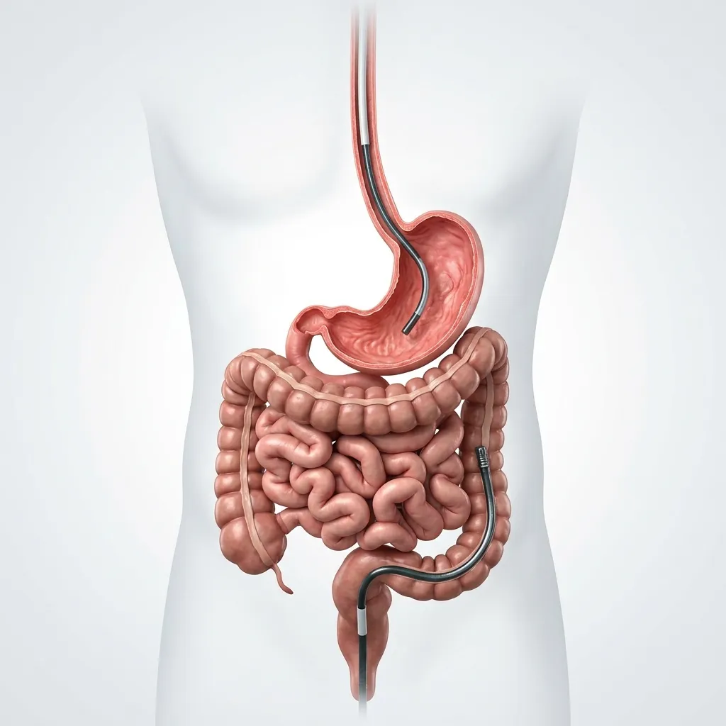Endoscopy vs Colonoscopy comparison illustration showing upper GI tract and lower GI tract examination