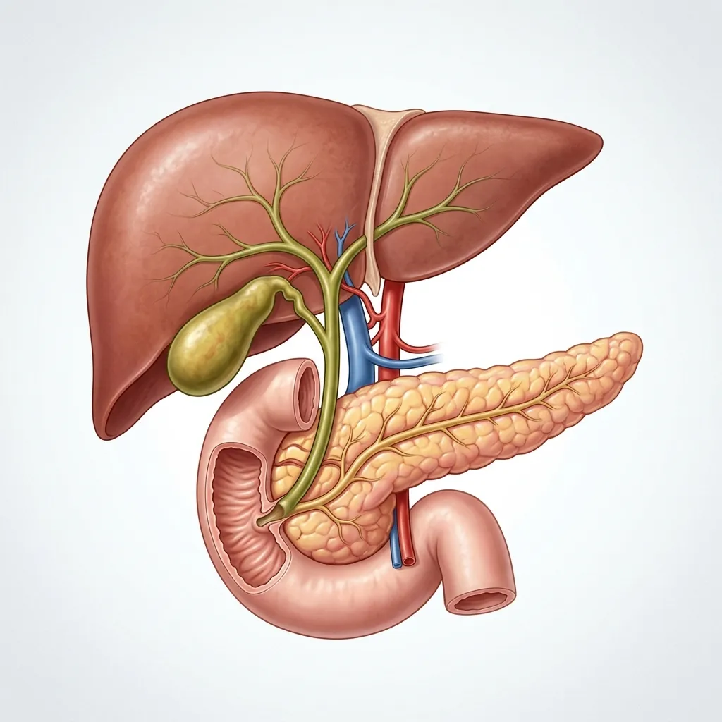 Illustration of the biliary tract including liver, gallbladder, bile ducts, and pancreas